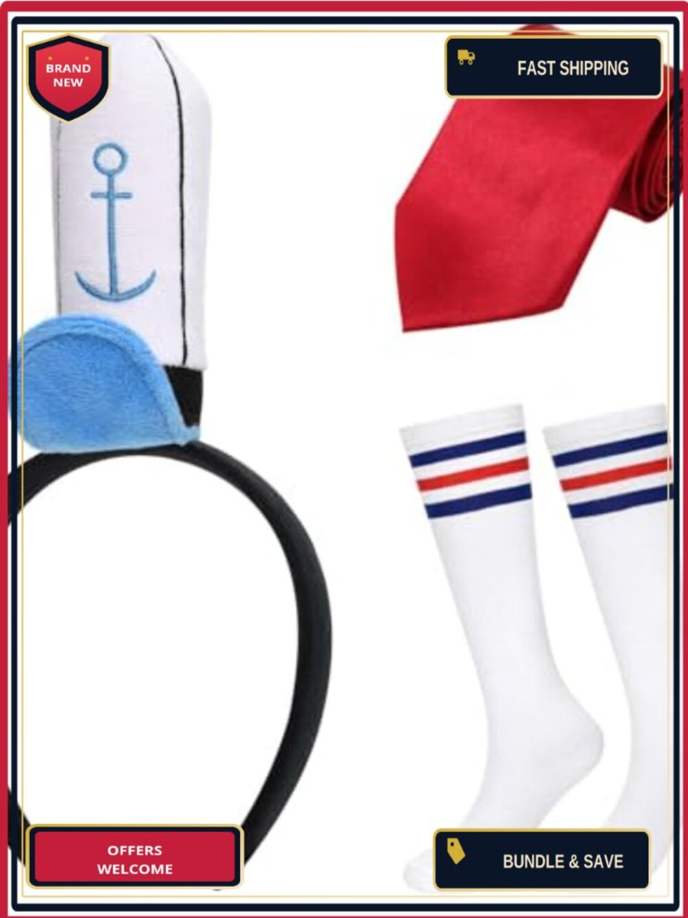 Halloween Sailor Costume Set 3Pc Headband Tie Socks Party Dress Up